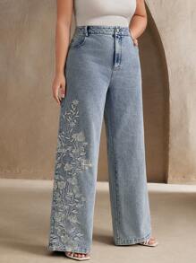 Anewsta Pantalón largo elegante con bordado floral para mujer de talla grande, diseño urbano y sofisticado