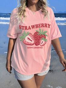 Veykashi 加大码草莓印花圆领短袖 T 恤，宽松休闲 T 恤，加大码，夏季 - 藕粉色 - 查看 4