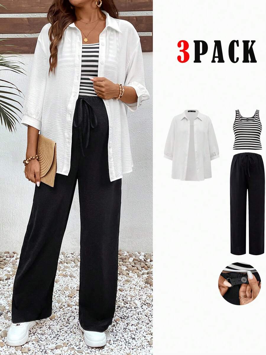 SHEIN Maternity White Top + Black & White Striped Print Tank + Black Pants 3-Piece Set - Multicolor - View 1