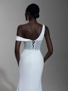 SHEIN Belle 优雅腰部镂空透明网眼不对称颈部不对称高开叉鱼尾下摆婚纱，新娘 - 白色 - 查看 7