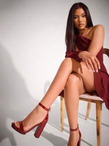 SHUZIA Women's Cross Band Double Platform Chunky Block Heel Strap Sandals - Burgundy - View 7