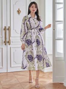 DAZY Bộ 2 món áo và chân váy tay phồng in hoa toàn thân dành cho nữ, trang phục giáo viên, quần áo nữ mùa thu, trang phục đi nghỉ mát, trang phục lễ Phục sinh. - Màu xanh hải quân - Xem 7