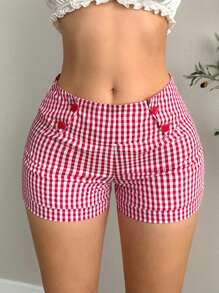 EgrlEra Shorts casuales para mujer con corazón a cuadros, de moda para el verano