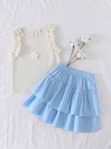 2 peças/Conjunto Regata com Estampa Floral e Saia Tule com Pompom para Meninas, Conjunto de Verão