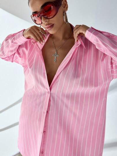 CasuGlow WOMAN BLUE AND WHITE LINED POPLIN BLOUSE