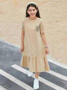 SHEIN Tween Girls Loose Casual Round Neck Ruffle Heart Pattern Short Sleeve Dress