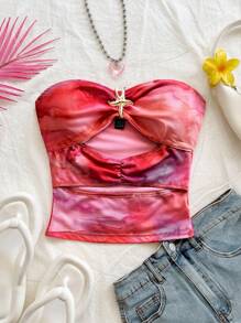 Soleia Damen Urlaubs Sexy Cut Out Ausschnitt Rüschen Metall Seestern Dekor Batik Muster Netz Figurbetontes Top, geeignet für Party, Musikfestival, Strand, Karneval, Sommer Bandeau Top