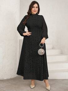 Veilorie Plus Size Elegant Solid Color Jacquard Lantern Sleeve Dress - Black - View 2