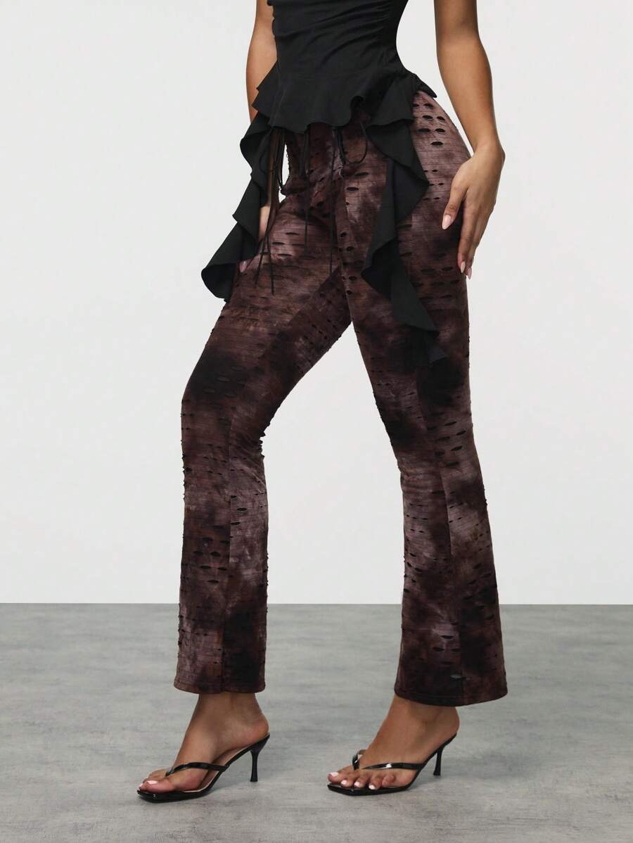 TypaGal Quần ống loe rách in họa tiết Tie Dye thời trang dành cho nữ - Cà phê nâu - Xem 1