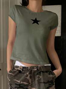 DAZY 女士星形图案短款 T 恤 Y2k - 軍綠色 - 查看 4