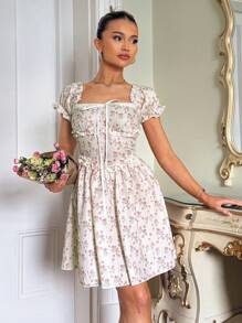 SHEIN PETITE Textured Fabric Off Shoulder Puff Sleeve Ruffle Trim Short Dress For Women