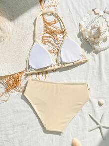 SHEIN Tween Girls' Shell Decor Halter Bikini Swimwear Set Summer Holiday - Beige - View 2