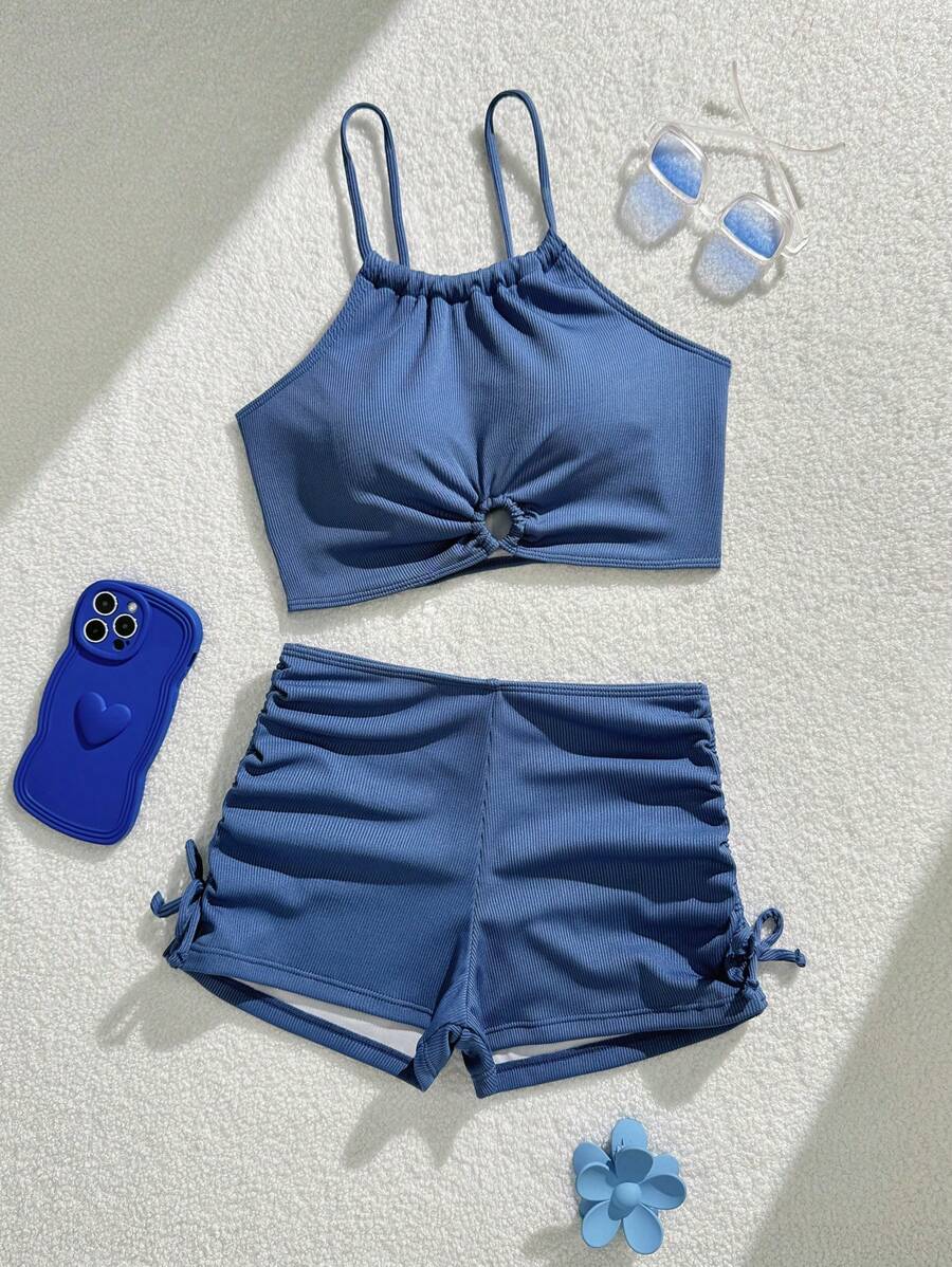 1 Set Teen Girl's Sweet Cute Solid Color Spaghetti Strap Bikini Top And Swim Trunks Swimsuit Summer Holiday