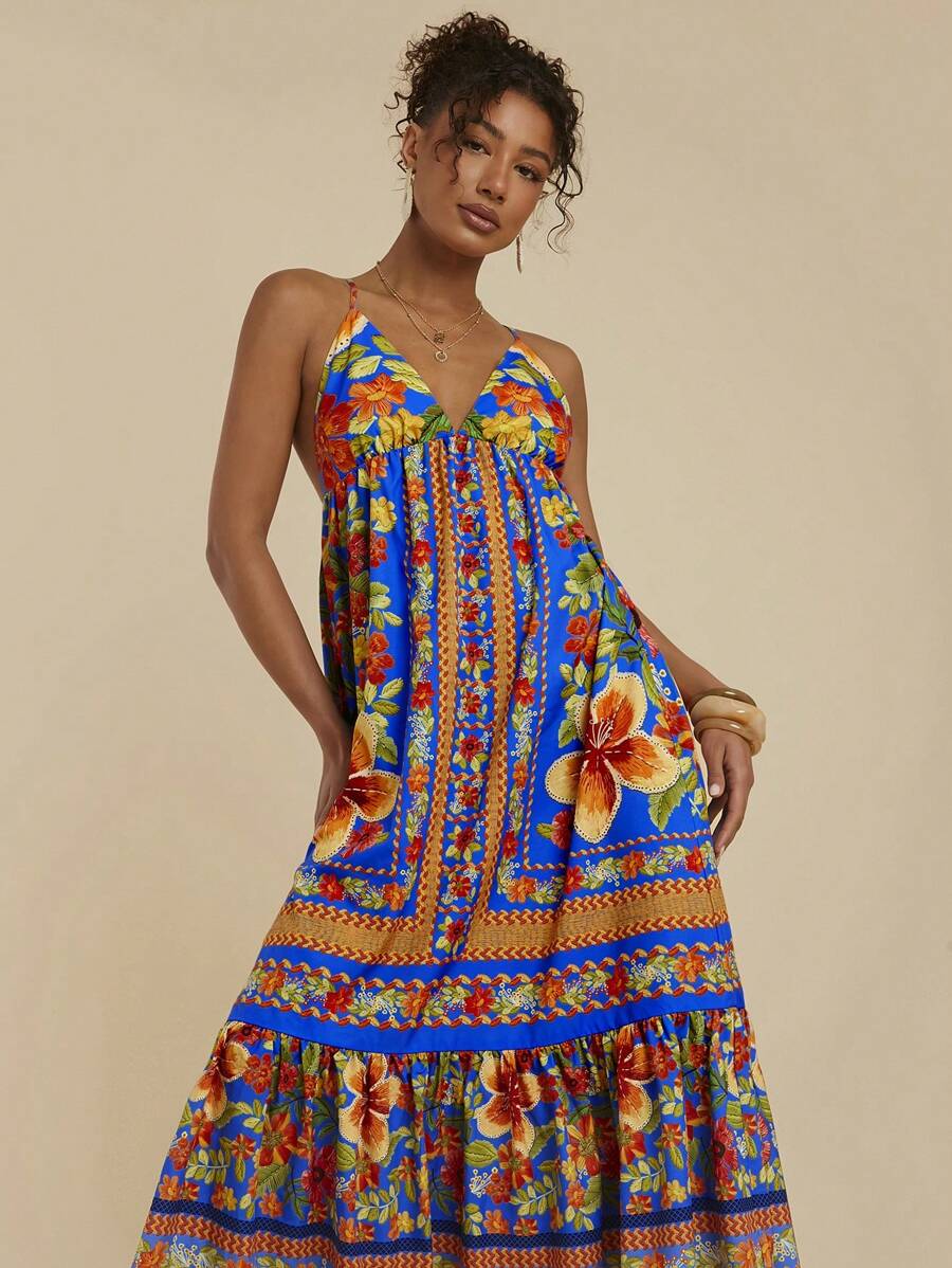 Travachic Women's Floral Print Ruffle Hem Spaghetti Strap Dress, Vacation Style - Blue - View 1