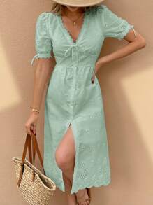 Serisse Women Solid Color V-Neck Midi Dress With Short Sleeves, Fashionable For Summer Sage Green Dress,Bodycon Dress Elegant Evening Dress - Green - View 9