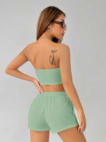 SHEIN PETITE Setelan Dua Potong Kasual Warna Polos untuk Wanita - Mint Green - View 2