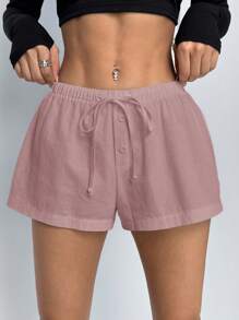 SHEIN PETITE Pantalones cortos casuales sueltos de mujer con cordón en la cintura y unicolor