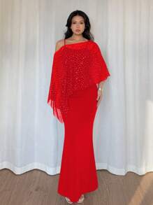 Islaluna Elegant Sequin Mesh Asymmetrical Neck Top And Spaghetti Strap Fish Tail Dress 2 Pieces Set - Red - View 6