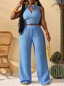 Slaydiva Women Spring/Summer Music Festival, Easter, Nashville, Birthday Party, Graduation, Student, Daily Casual, All-Match Versatile, Casual, Vacation, Cruise Travel, Beach, Sunbathing, Minimalist Casual, Sports, Front Zipper, Textured Fabric, Suit Set,2 Pieces Summer OutfitSummer Outfits For Women - Blue - View 9