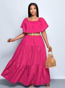 SOLERSUN 大码女式露肩褶领三段褶皱裙宽松长裙，情人节，丘比特，浪漫，玫瑰，约会，音乐节 - 玫紅色 - 查看 5