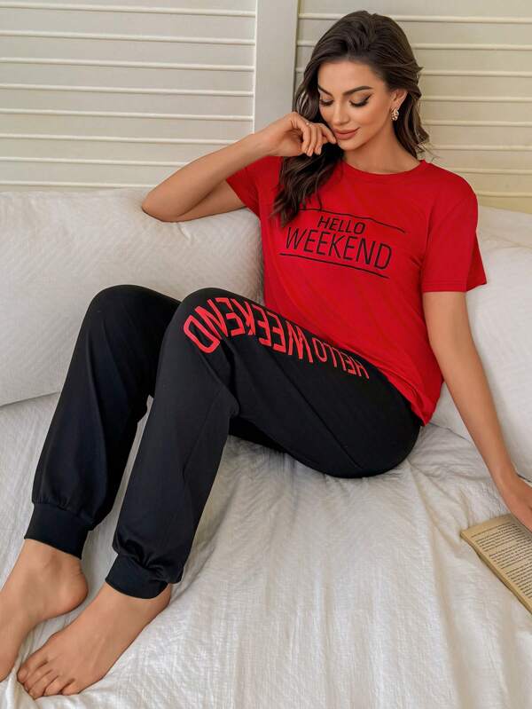 SHEIN Europäischer & Amerikanischer Stil schmales 2 Stücke Pyjama Set mit Buchstaben-Muster, modisch lässig sexy und leicht