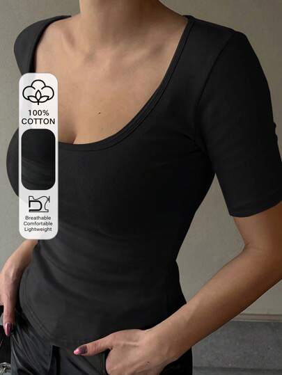 DAZY Solid Scoop Neck Tee,Crop Tops Women