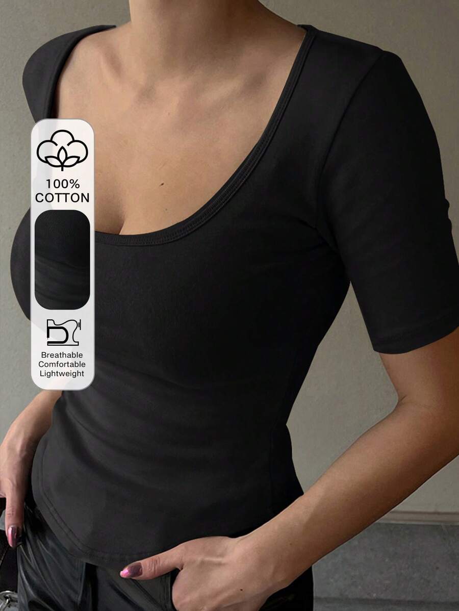 DAZY Solid Scoop Neck Tee,Crop Tops Women - Black - View 1