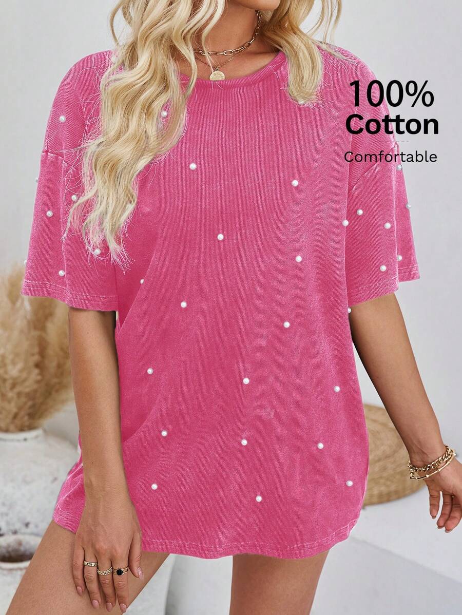 SHEIN LUNE Women Oversized Dropped Shoulder Solid Color Short Sleeve T-Shirt With Rhinestone Embellishment - Hot Pink - View 1