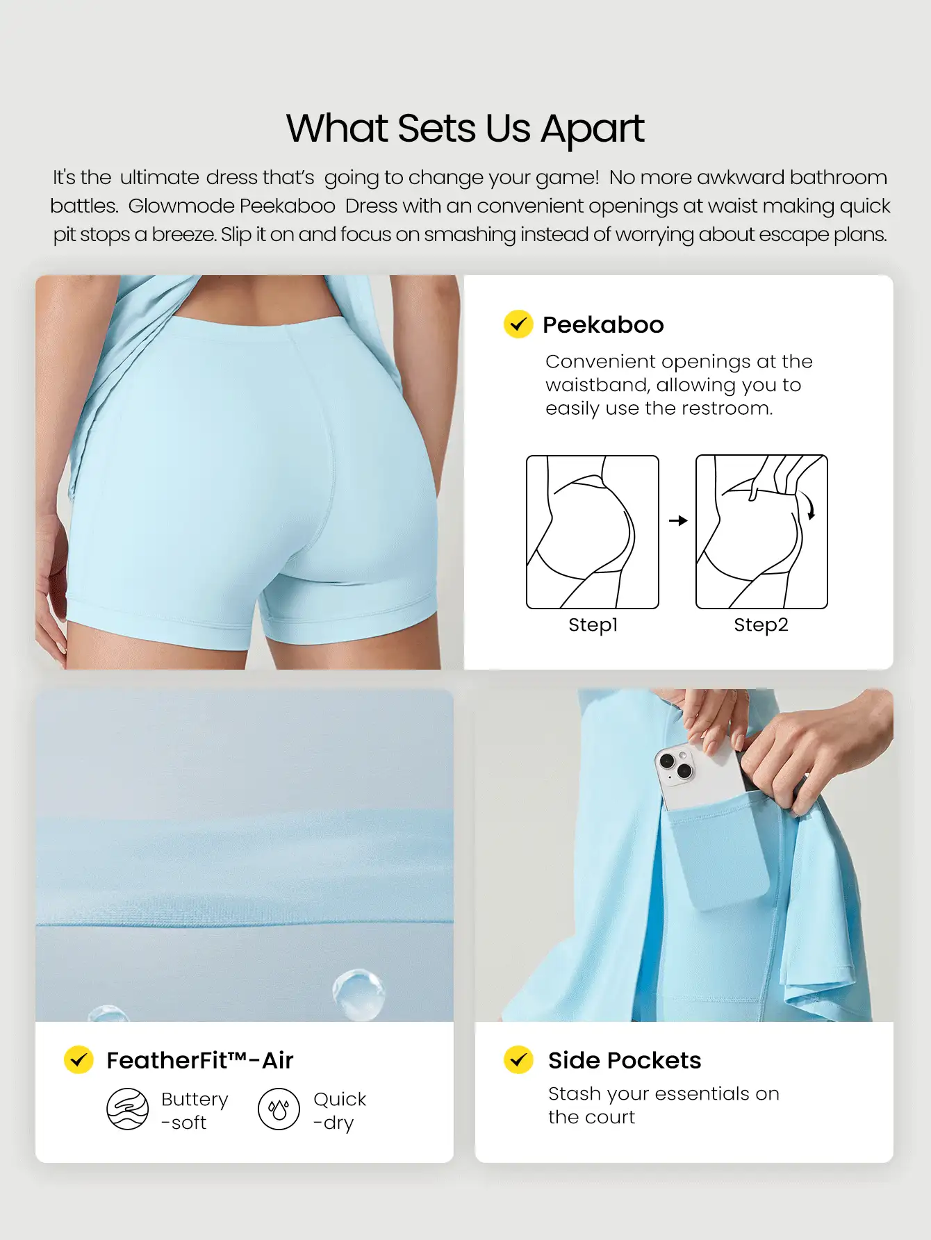 GLOWMODE FeatherFit™-Air Sweet Serve Peekaboo Twist Back 超高腰前开衩运动连衣裙，内置短裤侧袋，防滑握把，低冲击网球高尔夫匹克球日常穿着 - 水藍色 - 查看 2