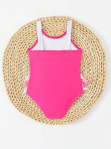 SHEIN Baby Girl Swan Print Ruffled Cute One-Piece Swimsuit For Beach/Swimming - Hot Pink - View 2