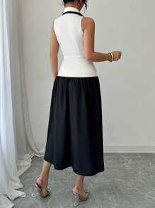 Elenzga Vestido sem mangas preto e branco com blocos de cores e comprimento médio - Preto e Branco - Ver 2