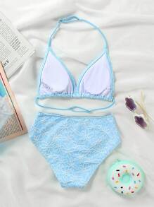 Tween Girls 2pcs Jacquard Bikini Set, Beach Vacation Kids Swimming ,Kids Beachwear - Blue - View 2