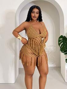 Slaydiva Plus Size Women Casual Fringed Hollow Out Camisole & Hollow Out Fringed Triangle Panty 2pcs Set, Suitable For Beach Vacation In Fall/Winter - Khaki - View 8