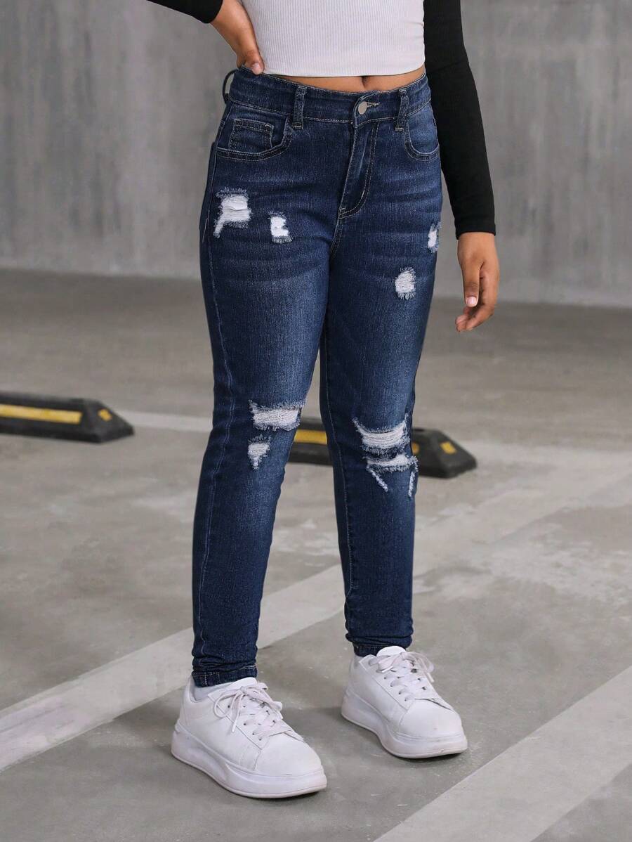 Sparklyn Medium Wash Distressed Young Girl Ripped Denim Jeans, Fashionable & - Dark Wash - View 1