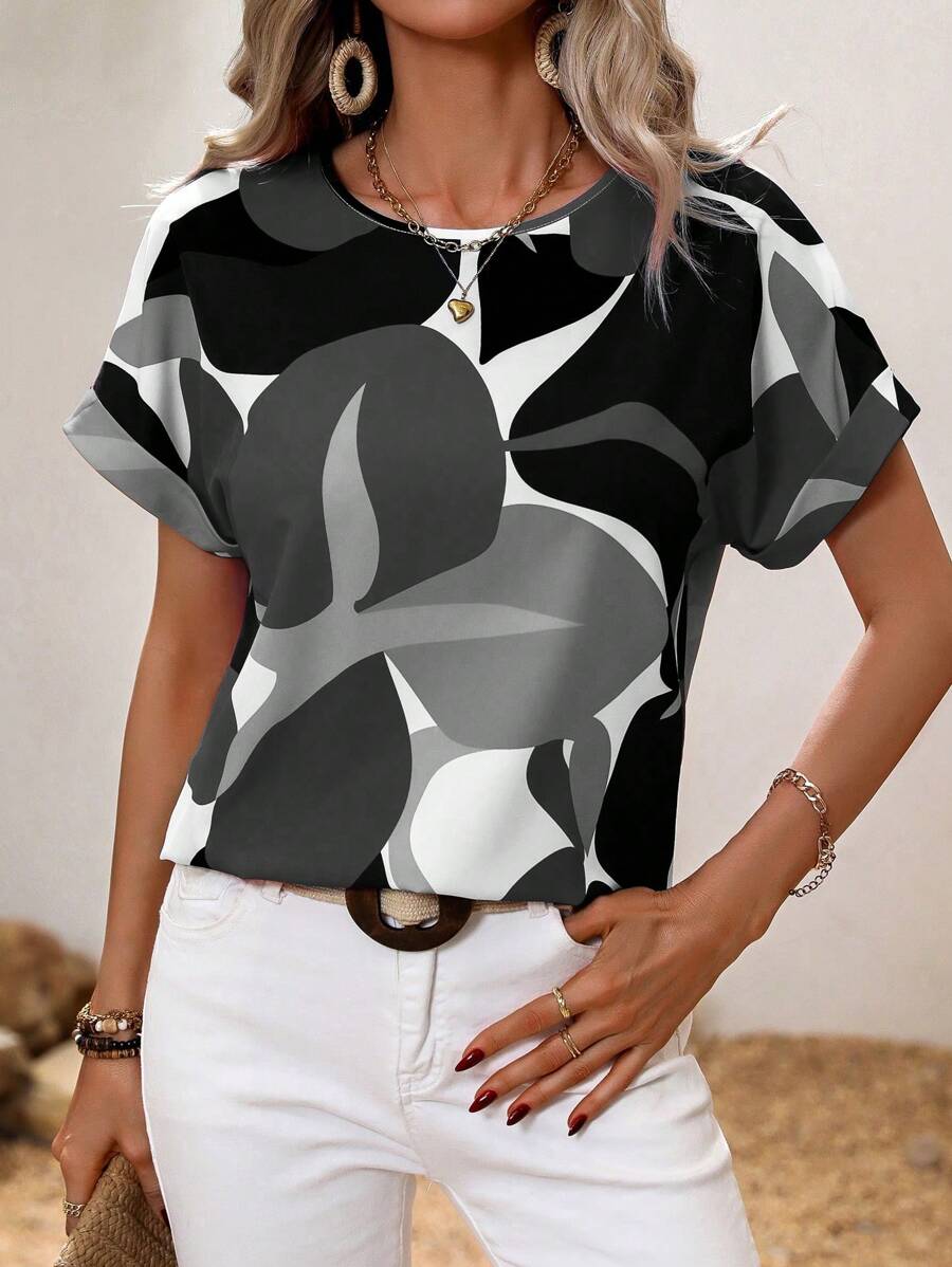 SHEIN Clasi Women's Casual Plant Printed Round Neck Batwing Sleeve Shirt, Vacation/Holiday - Multicolor - View 1