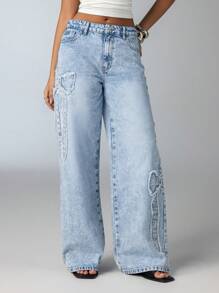 Aloruh 女式休闲低腰蝴蝶结装饰宽松直筒长牛仔裤 - 淺色水洗藍 - 查看 7