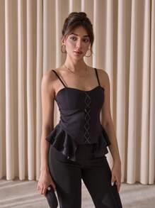 EURMUSE Femme Élégante Volant Partie Peplum Corset Bustier Détail de ruban satin Devant Garni de dentelle Laçage Couleur unie - Noir - Voir 4