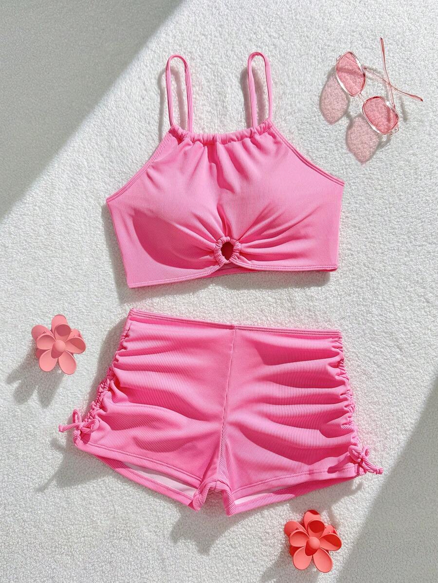 SHEIN Conjunto de traje de baño de color rosa sólido, con diseño sencillo y dulce para niña adolescente - Rosa - Ver 1