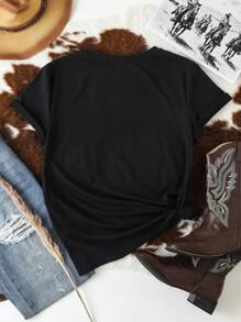 SHEIN EZwear 女士休闲复古西部牛仔女郎“野性灵魂”花卉图案T恤，复古 - 黑色 - 查看 3