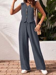 SHEIN Frenchy Bộ 2 áo sơ mi không tay một hàng khuy đơn màu trơn cho nữ và quần thường ngày - Màu xanh bụi bặm - Xem 5