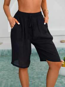 Swim Lushoire Women's Solid Color Waist Tie Pocket Loose Cover Up & Shorts Set For Summer Beach Vacation