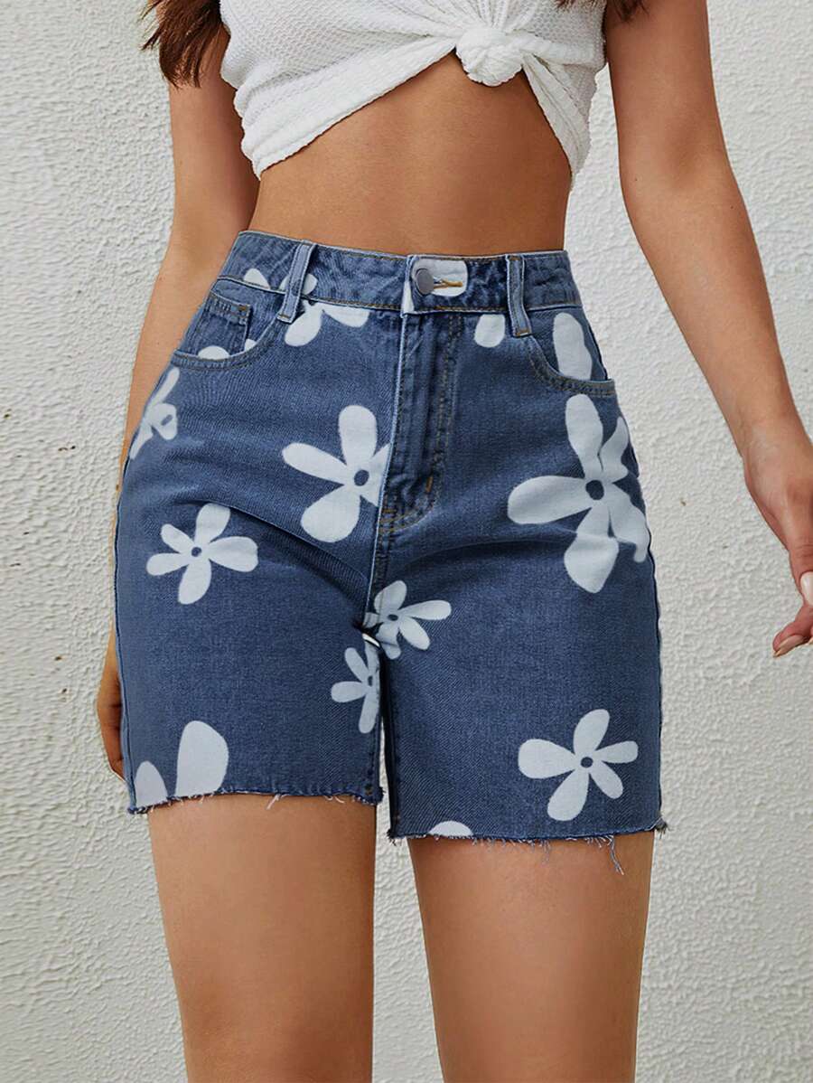 SHEIN EZwear 女式花卉印花口袋休闲百搭牛仔短裤 - 深色水洗藍 - 查看 1