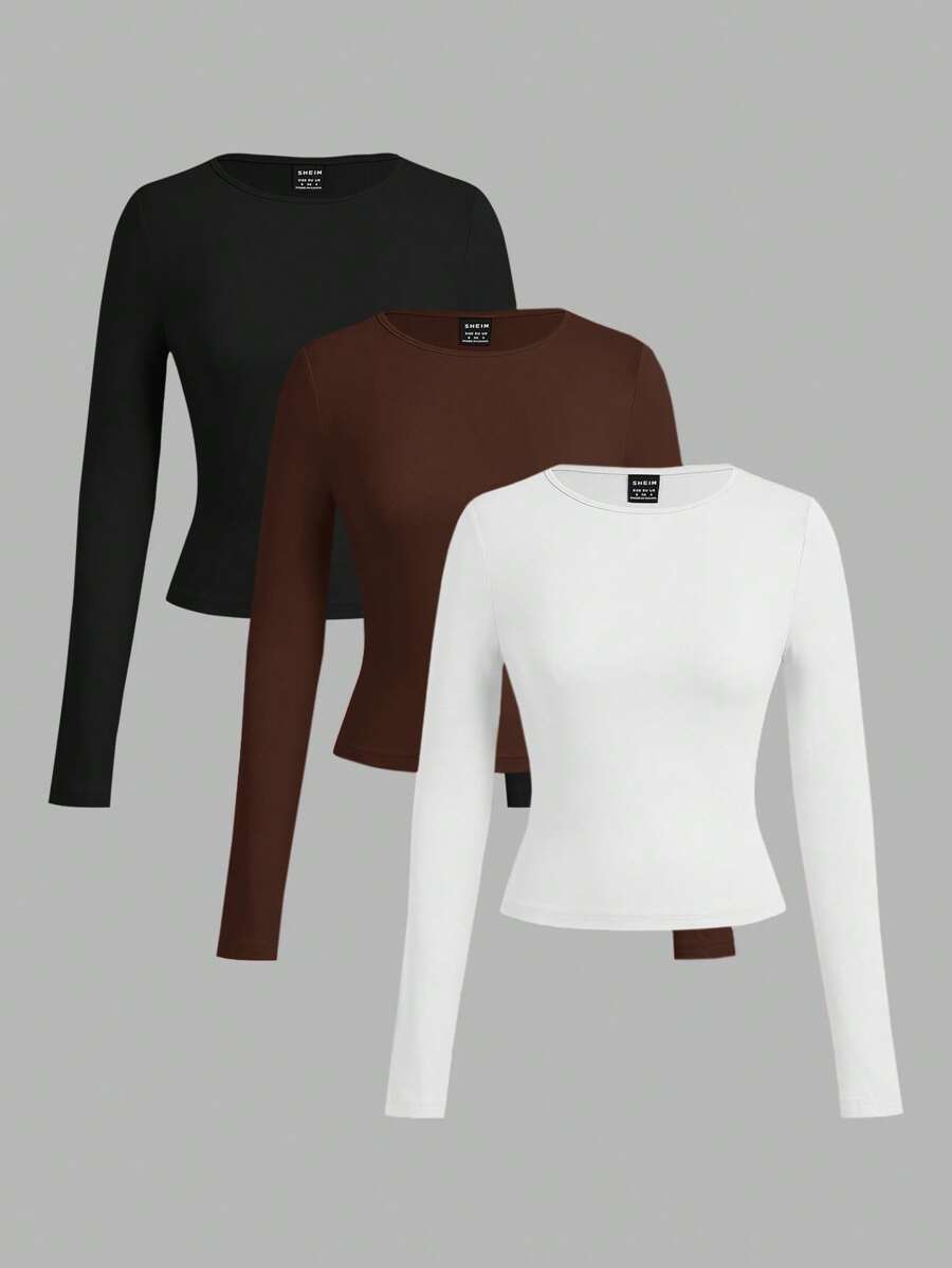SHEIN EZwear 3pcs/Set Women Casual Tight Scoop Neck Long Sleeve T-Shirt Set, Black/White/Brown, Suitable For Summer Autumn And Winter - Multicolor - View 1
