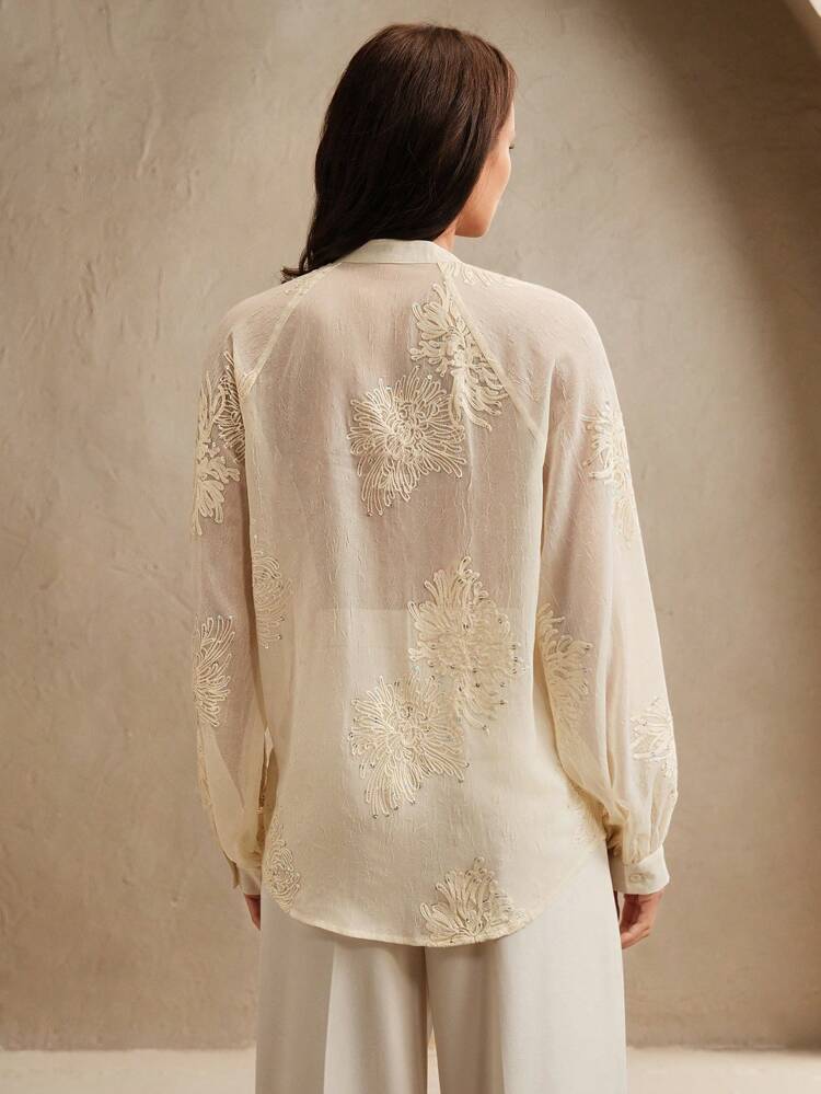 Loose Semi-Sheer V-Neck Embroidered Long Sleeve Shirt With Colorful Sequin Detailing, Elegant Office Style For Women
