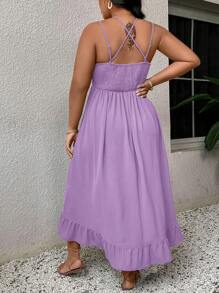 SHEIN VCAY Plus Size Mauve Purple Midi Dress With Crochet Lace Bodice And Ruffle Wrap Hem For Casual Summer Style - Mauve Purple - View 2