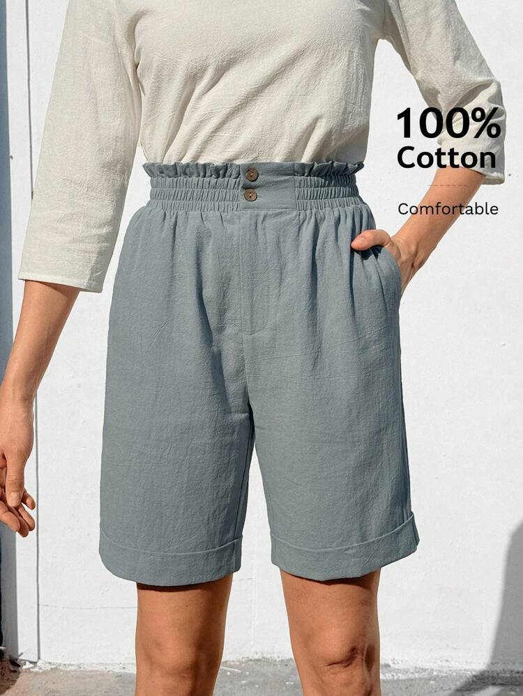 Bermuda Shorts, Solid Color Side Pockets, Loose Fit,Mid-Waist, Essential Basic Style
