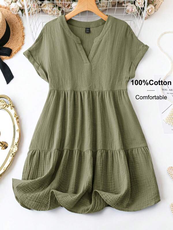 SHEIN LUNE Vestido tipo smock con dobladillo de volantes y cuello en forma de muesca