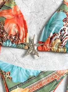 Swim Vcay 3pcs/Set Rok Mini dan Bikini Pantai Wanita Motif Acak dengan Tali Bahu Tipis dan Hiasan Bintang Laut untuk Musim Panas - MultiWarna - View 3