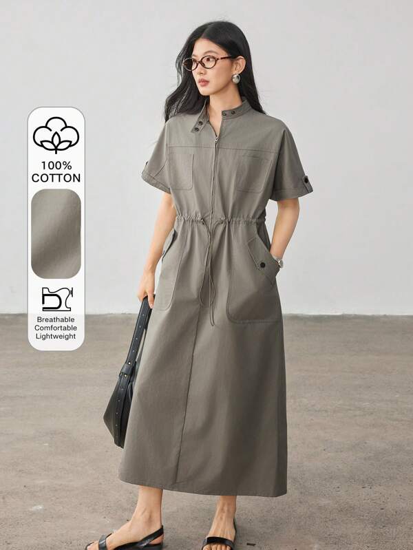 Dazy-Less Casual Business Large Pocket Drawstring Waist Loose Simplistic Mid-Length Dress For Women Sundress,Teacher Outfits