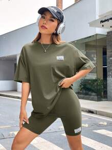 SHEIN EZwear Damska koszulka z dzianiny z odkrytymi ramionami i szortami, swobodny strój, lato